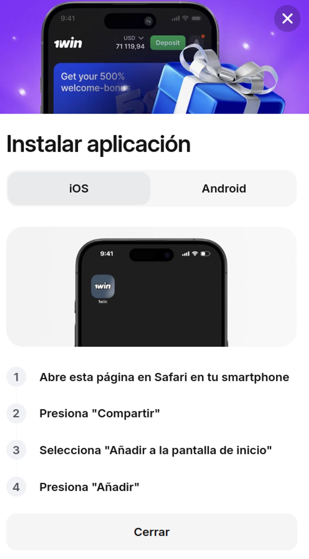 Pasos para añadir la app de 1win a la pantalla de inicio en iOS
