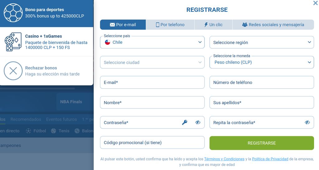 Selección del bono de bienvenida durante el registro en 1xBet Chile 
