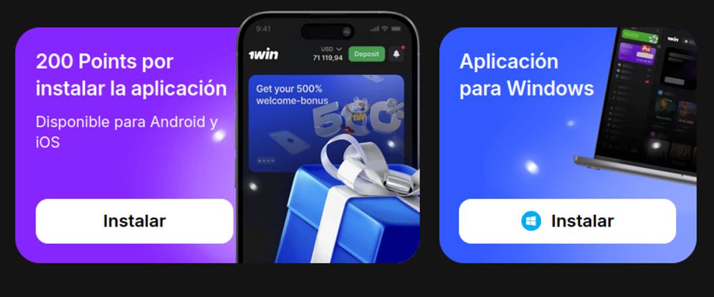Bono de 200 puntos por instalar la app de 1win y versión para Windows