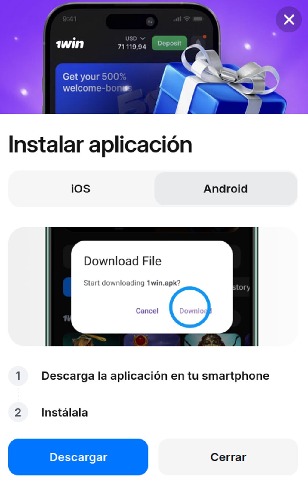Descarga del archivo 1win.apk en un dispositivo Android