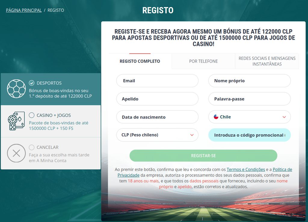 Formulario de registro de 22Bet con la elección entre el bono de deportes y el de casino