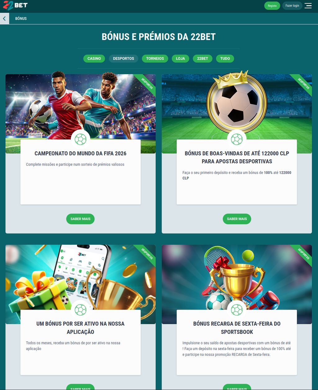 Sección de bonos de deportes en 22Bet, con el bono de bienvenida de hasta $122.000