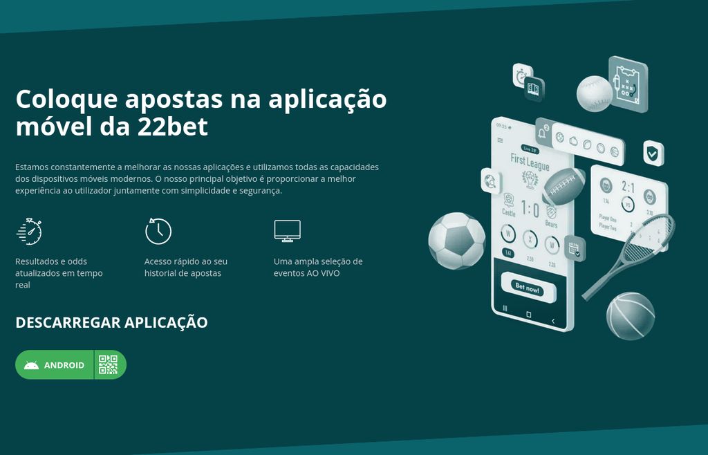 Página de descarga de la aplicación móvil de 22bet, con el botón de Android y el código QR