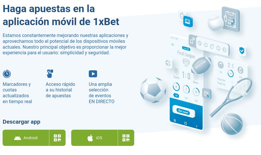 Sección de descarga de la 1xBet app para Android e iOS